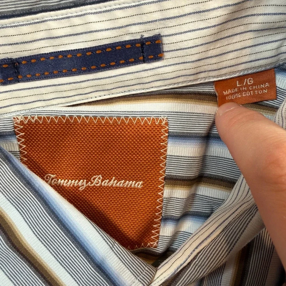 Tommy Bahama Button Down Shirt Mens Large Blue Brown Striped Long Sleeve Cotton‎